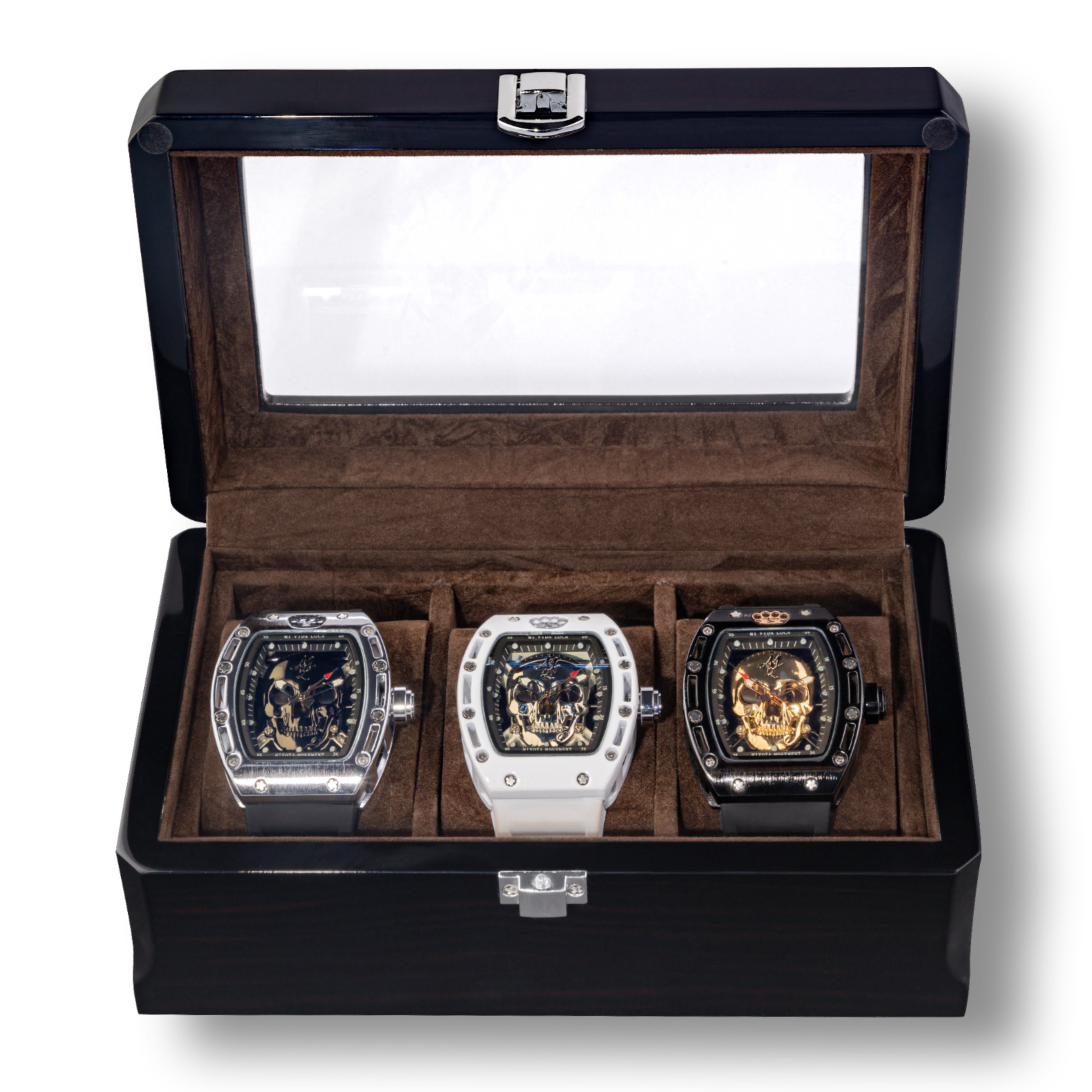 3 x MVL Skull watch with wooden luxury case