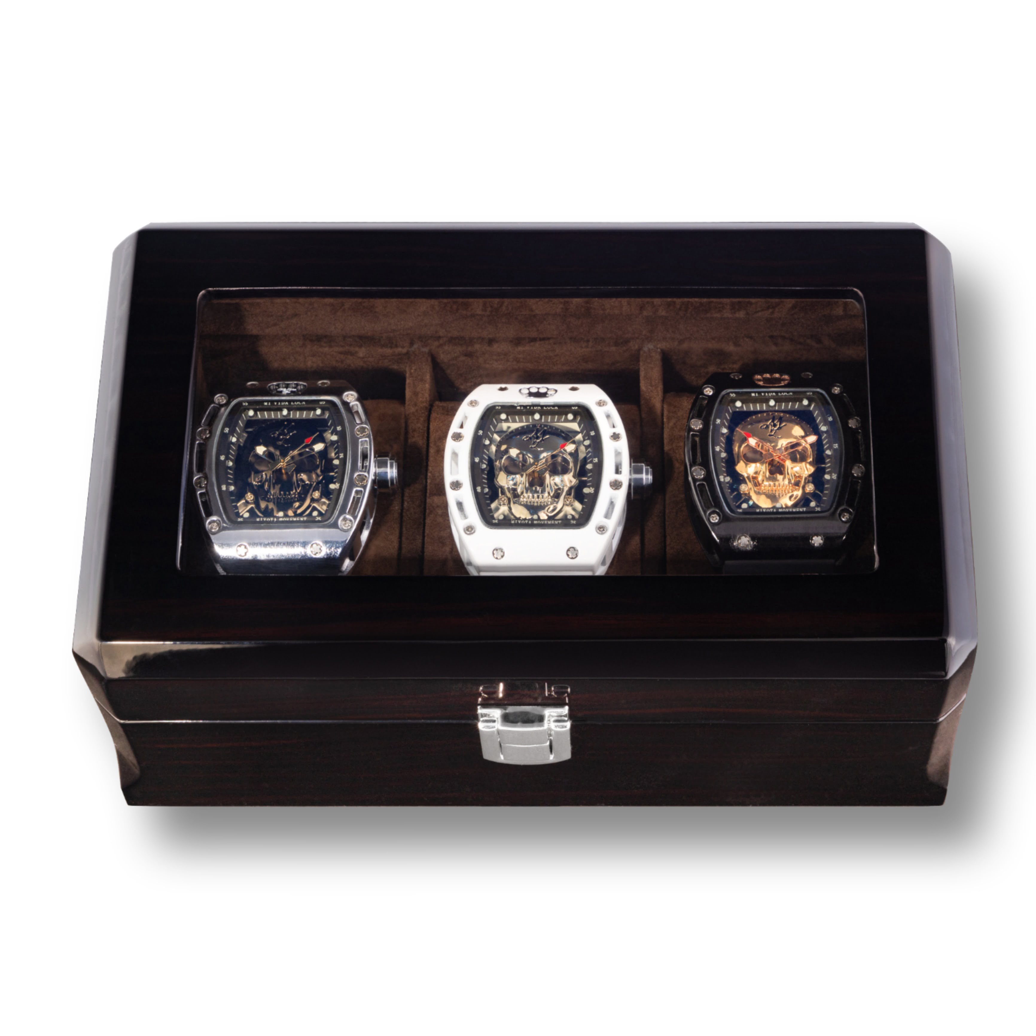 3 x MVL Skull watch with wooden luxury case